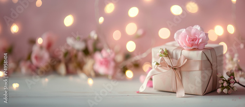 professional studio magazine photo of wrapped package box gift present for delivery anniversary birthday mothers day valentines with ribbon and wrapping in pastel colours natural light with copy space