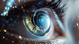 A close-up of a human eye captures intricate details, while virtual hologram elements overlay the image