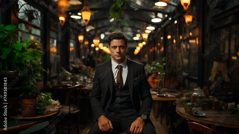 A respectable guy in a suit sits in an old restaurant A respectable guy in a suit sits in an old restaurant