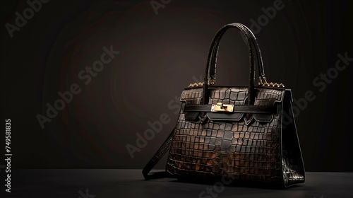 luxury vintage leather handbag with handle on dark background