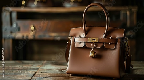luxury brown leather handbag with handle on a rustic table © Christopher