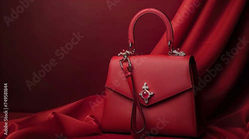 luxury red leather handbag with handle on red background
