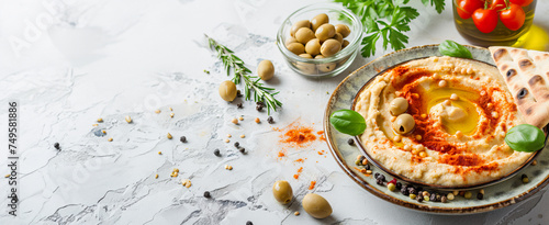 close up of bowl of fresh organic hummus Lebanese arabic dish with olives paste dip pita bread herbs paprika for protein appetizer lunch dinner in magazine editorial studio look healthy creamy diet