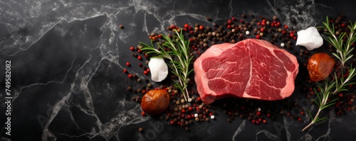 Raw meat beef steak on dark luxury stone table, top view food banner. Generative Ai.