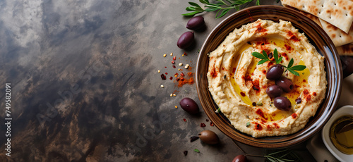 close up of bowl of fresh organic hummus Lebanese arabic dish with olives paste dip pita bread herbs paprika for protein appetizer lunch dinner in magazine editorial studio look healthy creamy diet photo