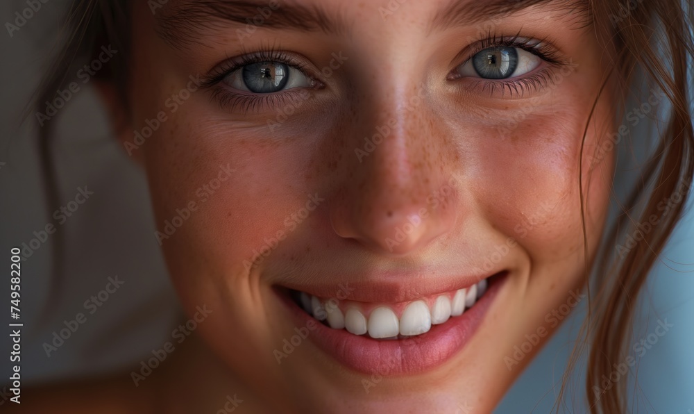 Beautiful caucasian young girl or woman with perfect teeth, good skincare and stunning eyes with toothy smile looking tenderly at close up camera Beautiful caucasian young girl or woman with perfect teeth, good skincare and stunning eyes with toothy smile looking tenderly at close up camera