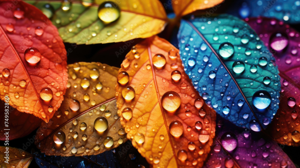 Vibrant multicolored leaves with sparkling dewdrops, capturing nature's magical palette. Ideal for backgrounds, artworks, and creative projects.