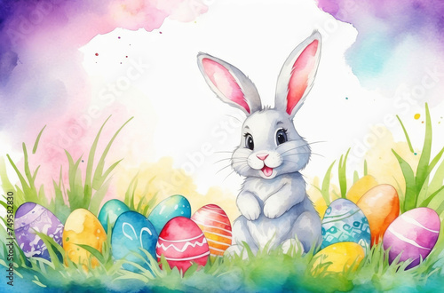 cute rabbit and easter eggs watercolor background