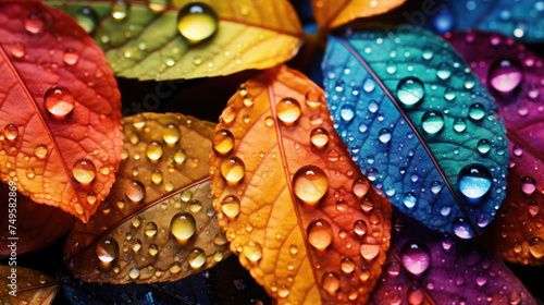 Vibrant multicolored leaves with sparkling dewdrops, capturing nature's magical palette. Ideal for backgrounds, artworks, and creative projects. © Sascha