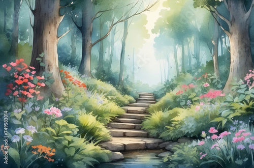 spring in the forest watercolor background