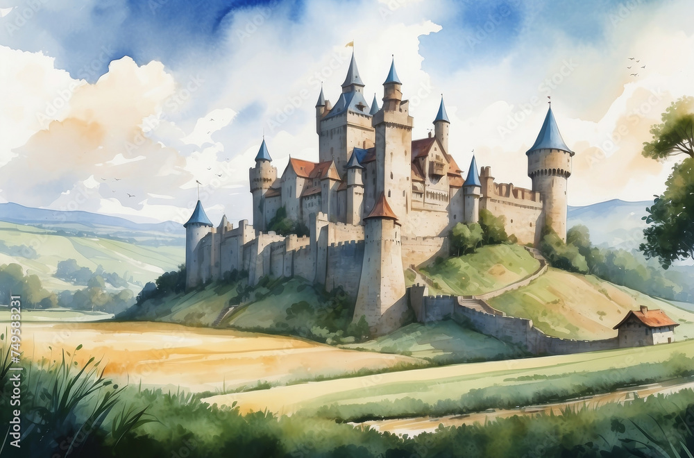old castle landscape watercolor background