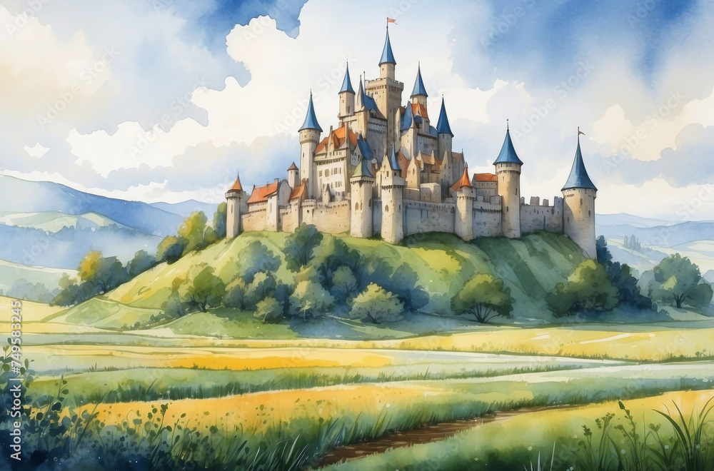 old castle landscape watercolor background