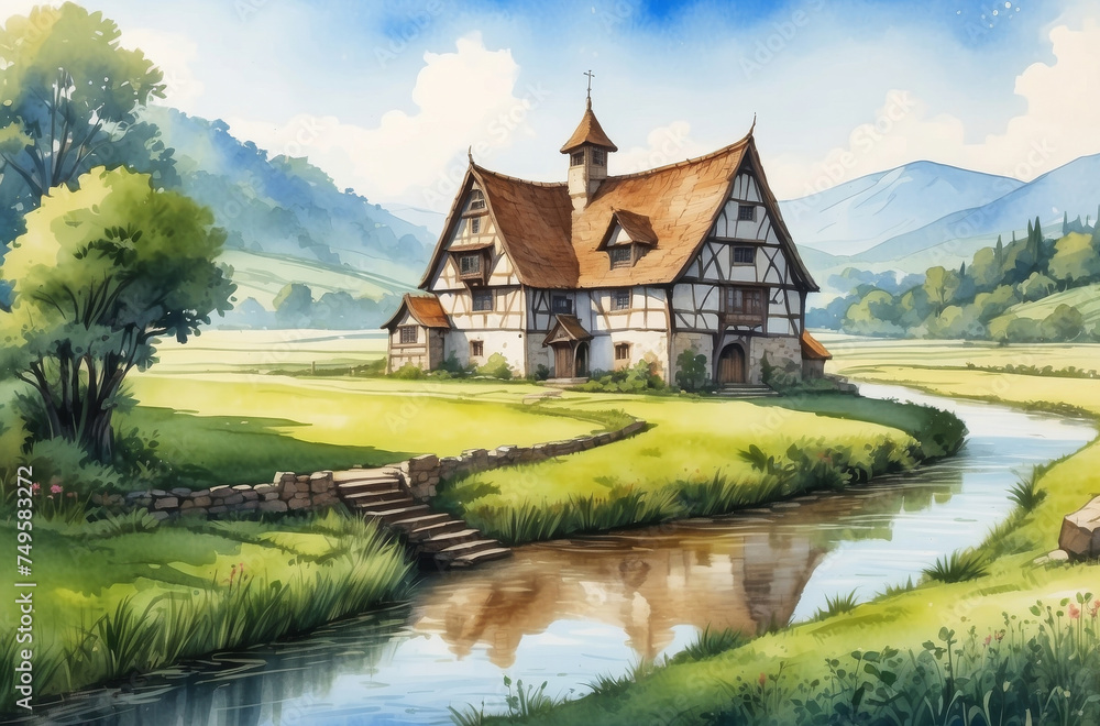 old house in the forest watercolor