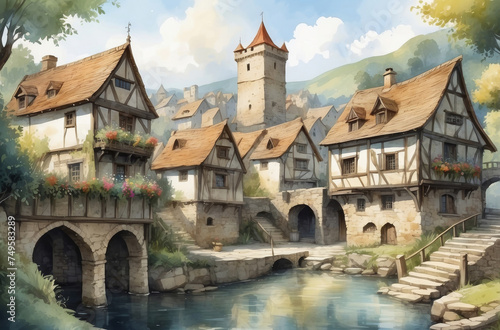 medieval city watercolor background