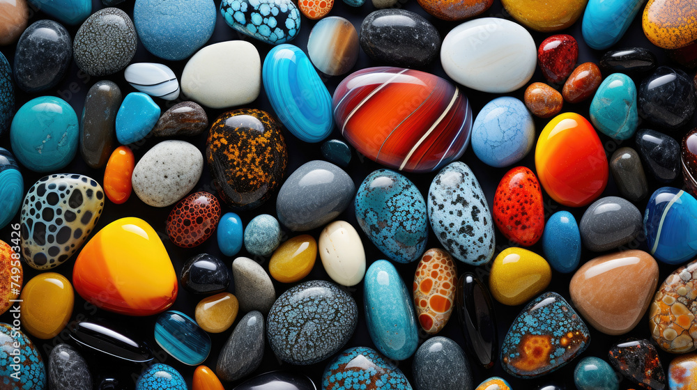 Vibrant collection of polished gemstones showcasing diverse colors, patterns, and textures on a dark background. Vibrant collection of polished gemstones showcasing diverse colors, patterns, and textures on a dark background.