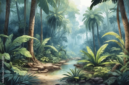 trees in the jungle watercolor art background