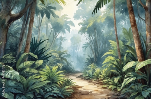 trees in the jungle watercolor art background