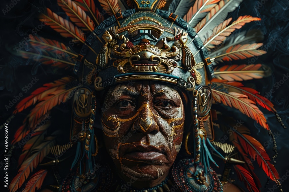 Face of an Aztec warrior on a black background