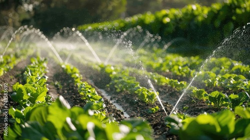 Irrigation of plantation. Sprinkler irrigates vegetable crops.