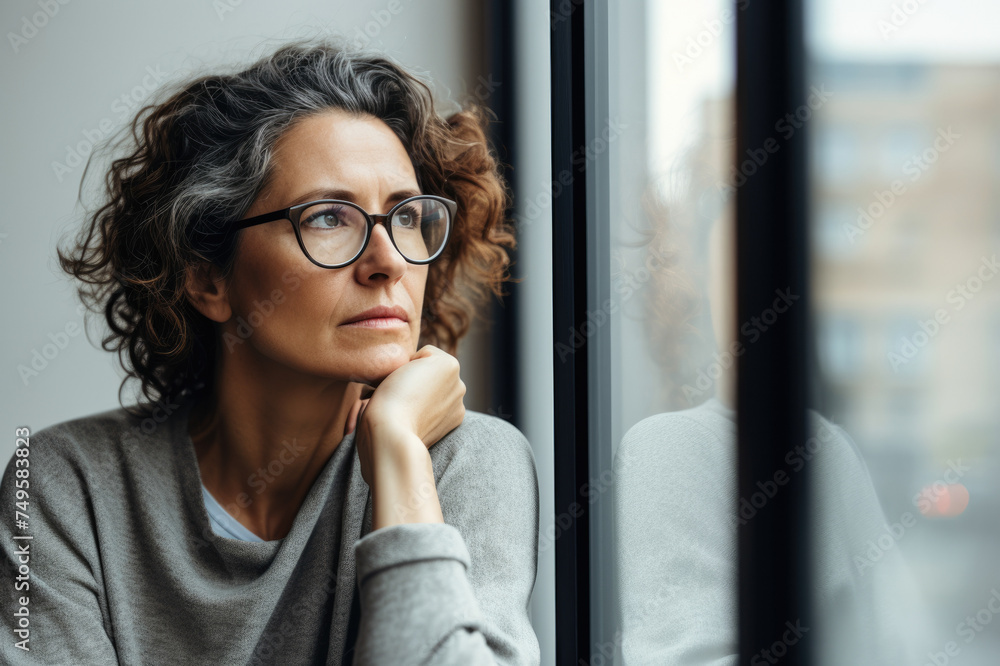 Thoughtful curly-haired woman in glasses, peering outside the window, embodying deep reflection and modern elegance. Perfect for themes of introspection, midlife beauty, and urban living. Thoughtful curly-haired woman in glasses, peering outside the window, embodying deep reflection and modern elegance. Perfect for themes of introspection, midlife beauty, and urban living.