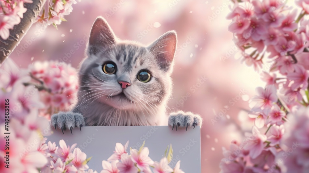 a British Shorthair cat holding a large, plain white signboard against a backdrop of cherry blossoms, creating a whimsical and picturesque scene that exudes elegance and sweetness. a British Shorthair cat holding a large, plain white signboard against a backdrop of cherry blossoms, creating a whimsical and picturesque scene that exudes elegance and sweetness.