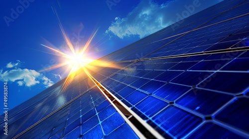 Blue solar panels under deep blue sky with bright sun with sunbeams. Alternative energy concept.