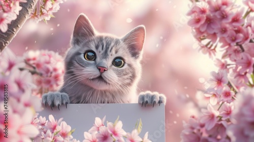 a British Shorthair cat holding a large, plain white signboard against a backdrop of cherry blossoms, creating a whimsical and picturesque scene that exudes elegance and sweetness.
