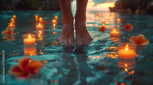 a woman s feet are standing in the water surrounded by candles and flowers