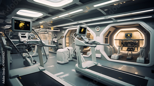 A gym for a space tourism company, featuring zero-gravity simulators and astronaut training equipment. © Muhammad
