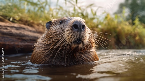A beaver, surrounded by lush greenery, playfully surfaces in the water, offering a glimpse into the world of this aquatic mammal.