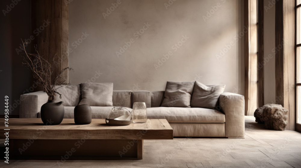 A chic living room with a textured wall finish, a wood coffee table, and a cozy sofa A chic living room with a textured wall finish, a wood coffee table, and a cozy sofa