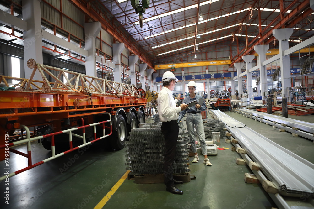 worker or engineer working in factory with safety uniform , safety hat and safety glasses , image is safety concept or happy workplace