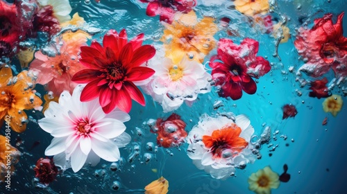 Beautiful delicate flowers on a background of blue water. The texture of the water. Small waves, ripples on the water. Background for Women's Day, Valentine's Day.