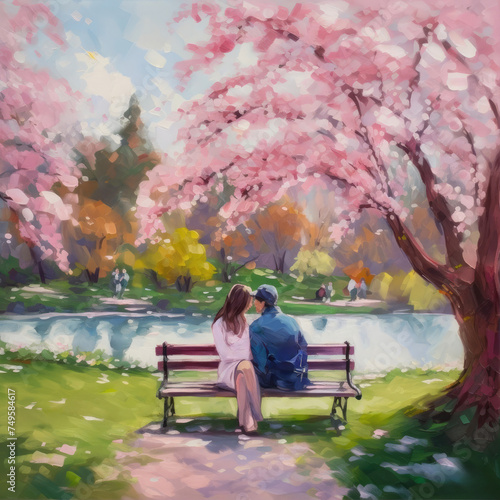 Couple Sitting Under Cherry Blossom Tree in Full Bloom by the River in Park
