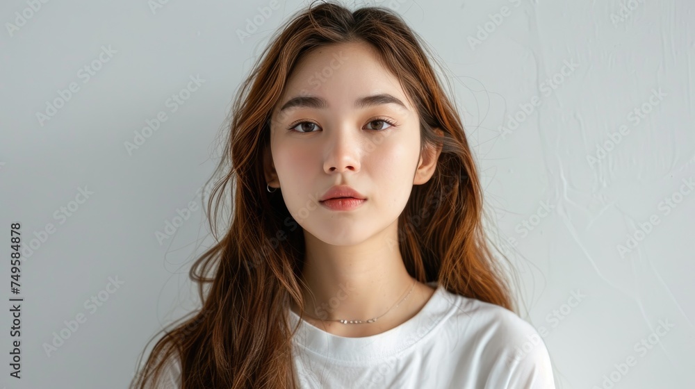 Portrait photography of young woman Wears a white t-shirt, has long hair and is cute and beautiful. Portrait photography of young woman Wears a white t-shirt, has long hair and is cute and beautiful.
