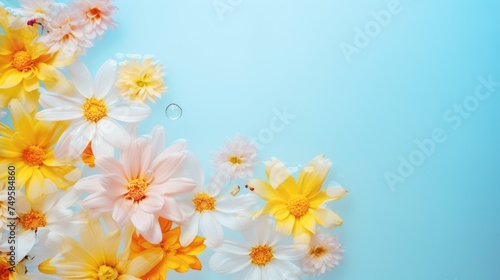 Beautiful delicate flowers on a background of blue water. The texture of the water. Small waves  ripples on the water. Background for Women s Day  Valentine s Day.
