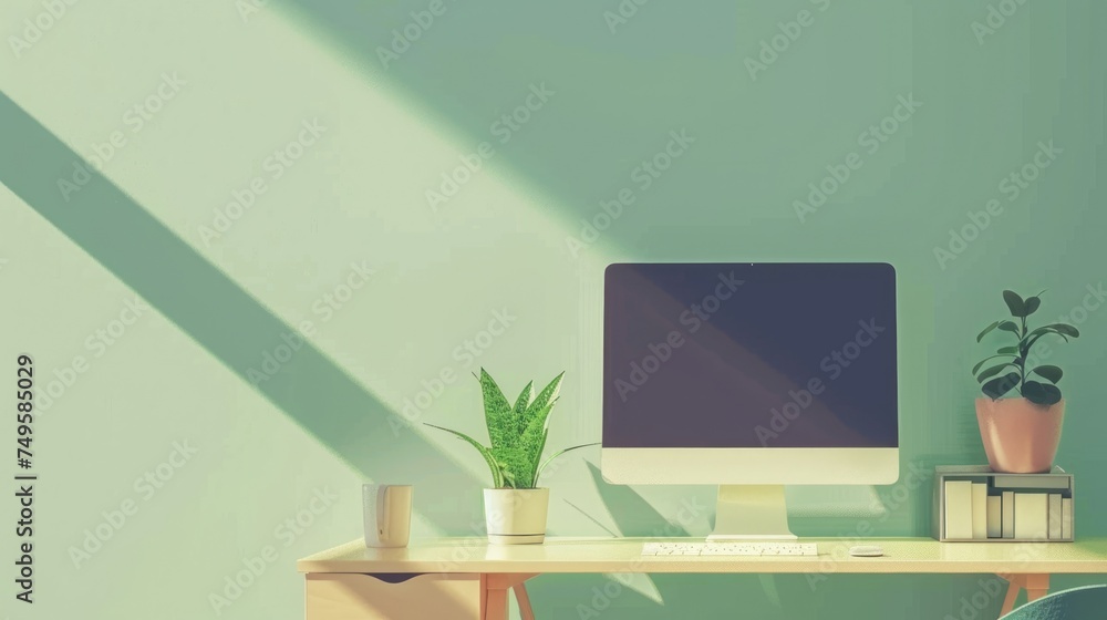 A desktop computer sits atop a wooden desk in an office setting. open vacancy to find an office worker A desktop computer sits atop a wooden desk in an office setting. open vacancy to find an office worker