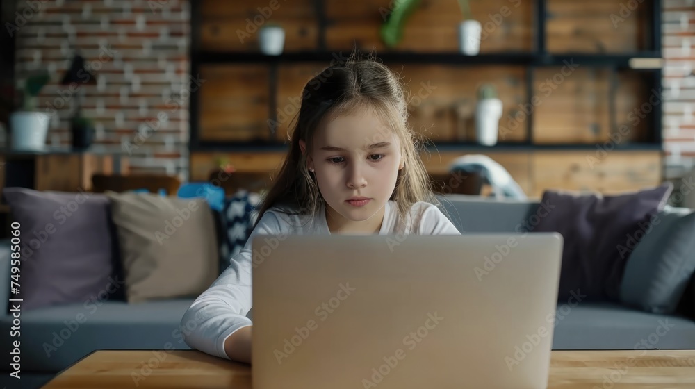Naklejka premium Young female child sitting in front of laptop, engaged in digital activity.