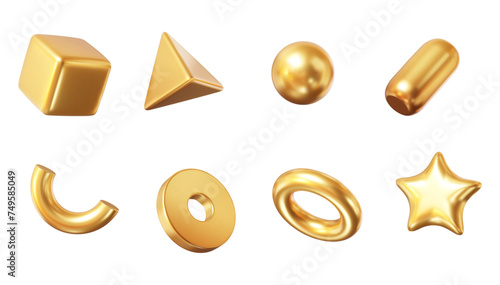 3d set gold shapes: square, sphere, pyramid, torus, star, icosphere, disk, capsule. Metal simple figures for your design on isolated background. Stock vector illustration on isolated background.