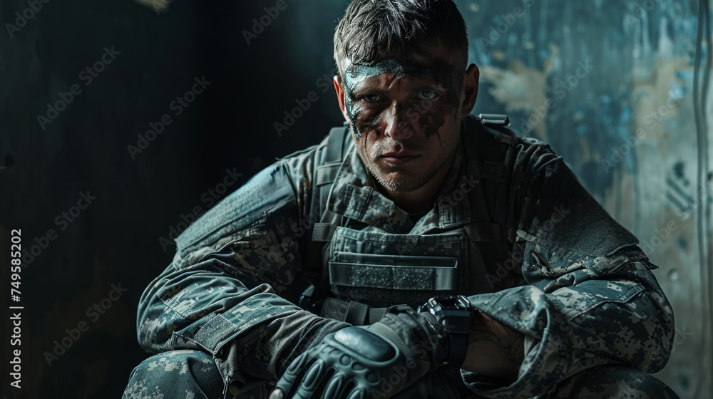 Fototapeta premium Camouflaged Man Sitting on Ground