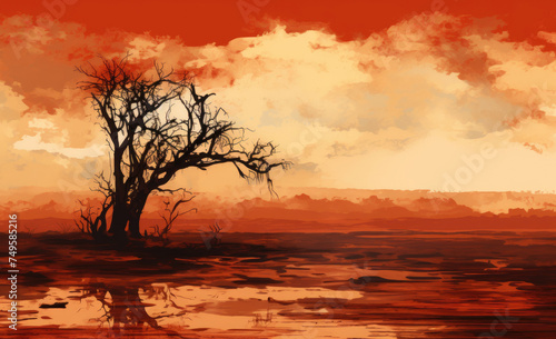 Surreal sunset landscape featuring a skeletal tree silhouette against fiery orange and soft cloud hues.