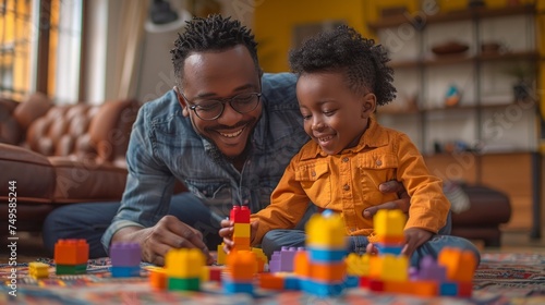 Man and Child Playing With Legos on Floor