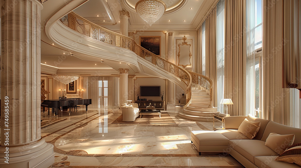  Luxury living room, classical interior with modern beige sofa and grand piano. Quiet luxury concept.