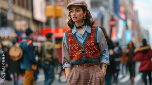 a young woman embodying the eclectic grandpa style, as she walks confidently through a bustling cityscape. She sports a playful mix of grandpa-inspired attire
