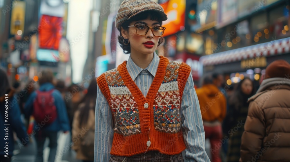 a young woman embodying the eclectic grandpa style, as she walks confidently through a bustling cityscape. She sports a playful mix of grandpa-inspired attire