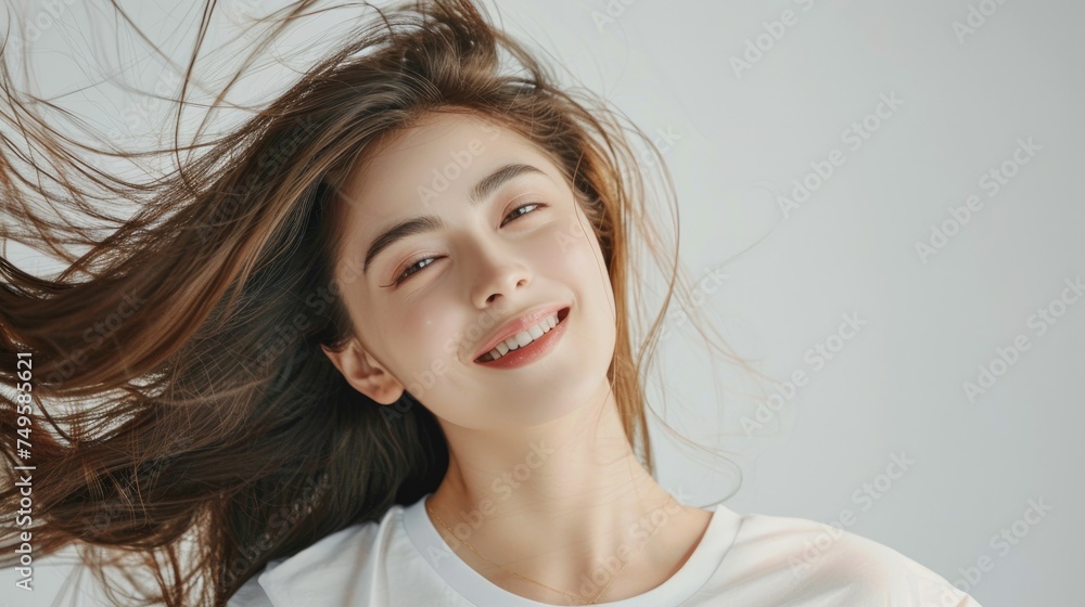 Fototapeta premium Portrait photography of young woman Wears a white t-shirt, has long hair and is cute and beautiful.