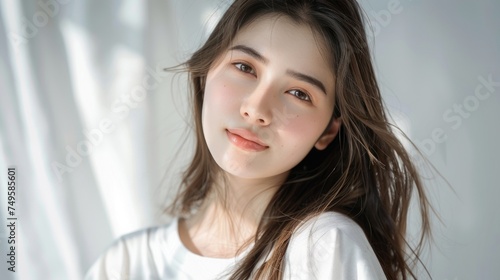 Portrait photography of young woman Wears a white t-shirt  has long hair and is cute and beautiful.