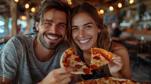 Man and Woman Eating Pizza at Table