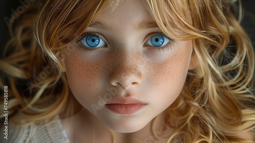 Close-up of child's face with blue eyes, smile, blond hair