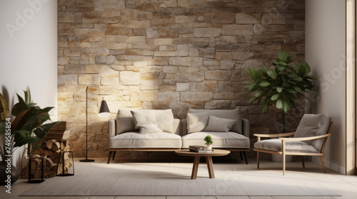 A chic living room featuring a stone wall, natural light, and various plants for a biophilic touch